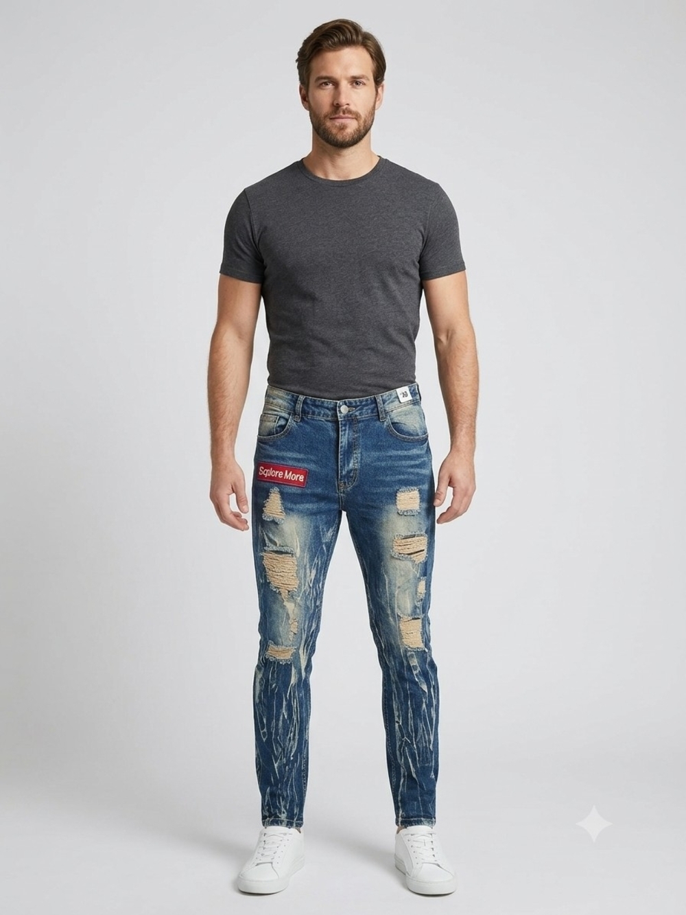 Men's Y2K Streetwear Trashed Distressed Slim Fit Blue Patch Jeans